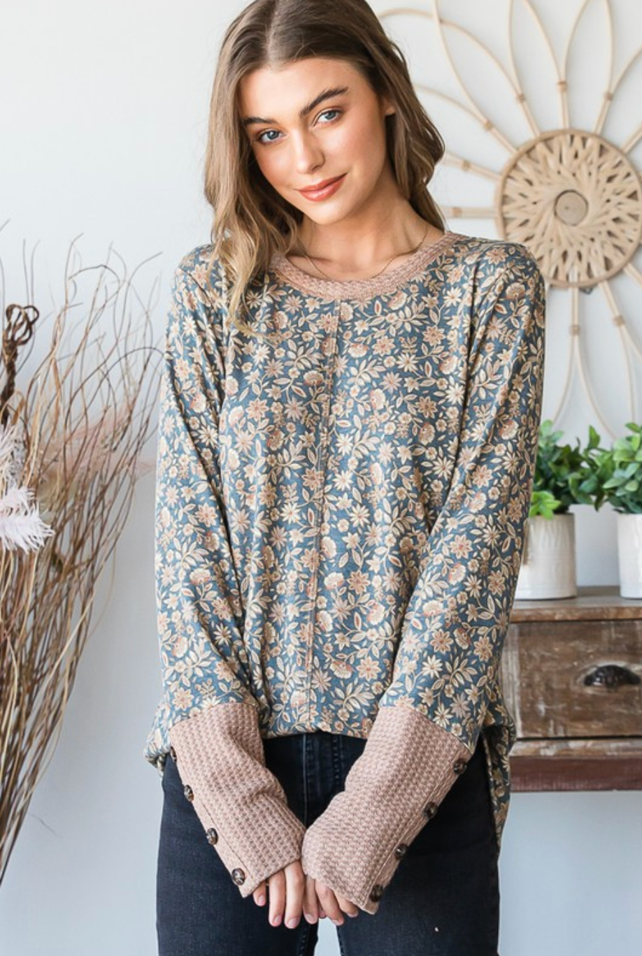 Solid/Floral Waffle Long Sleeve Top