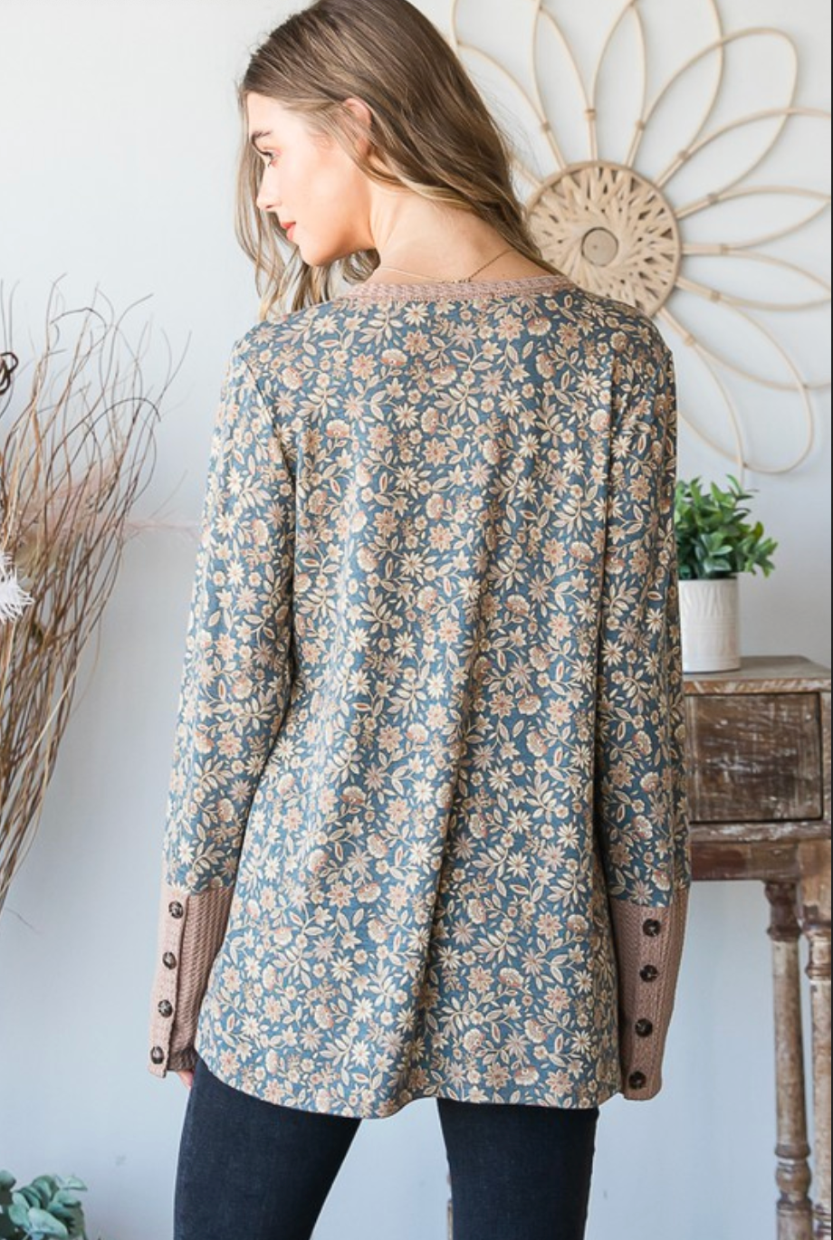 Solid/Floral Waffle Long Sleeve Top