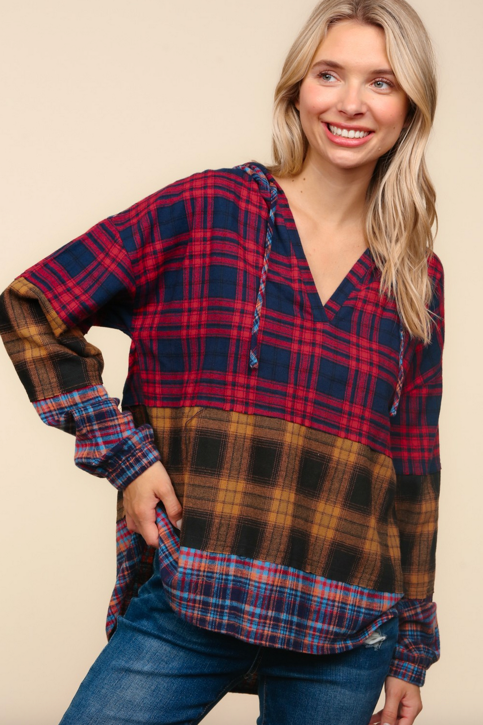 Multi Plaid Hoodie Top