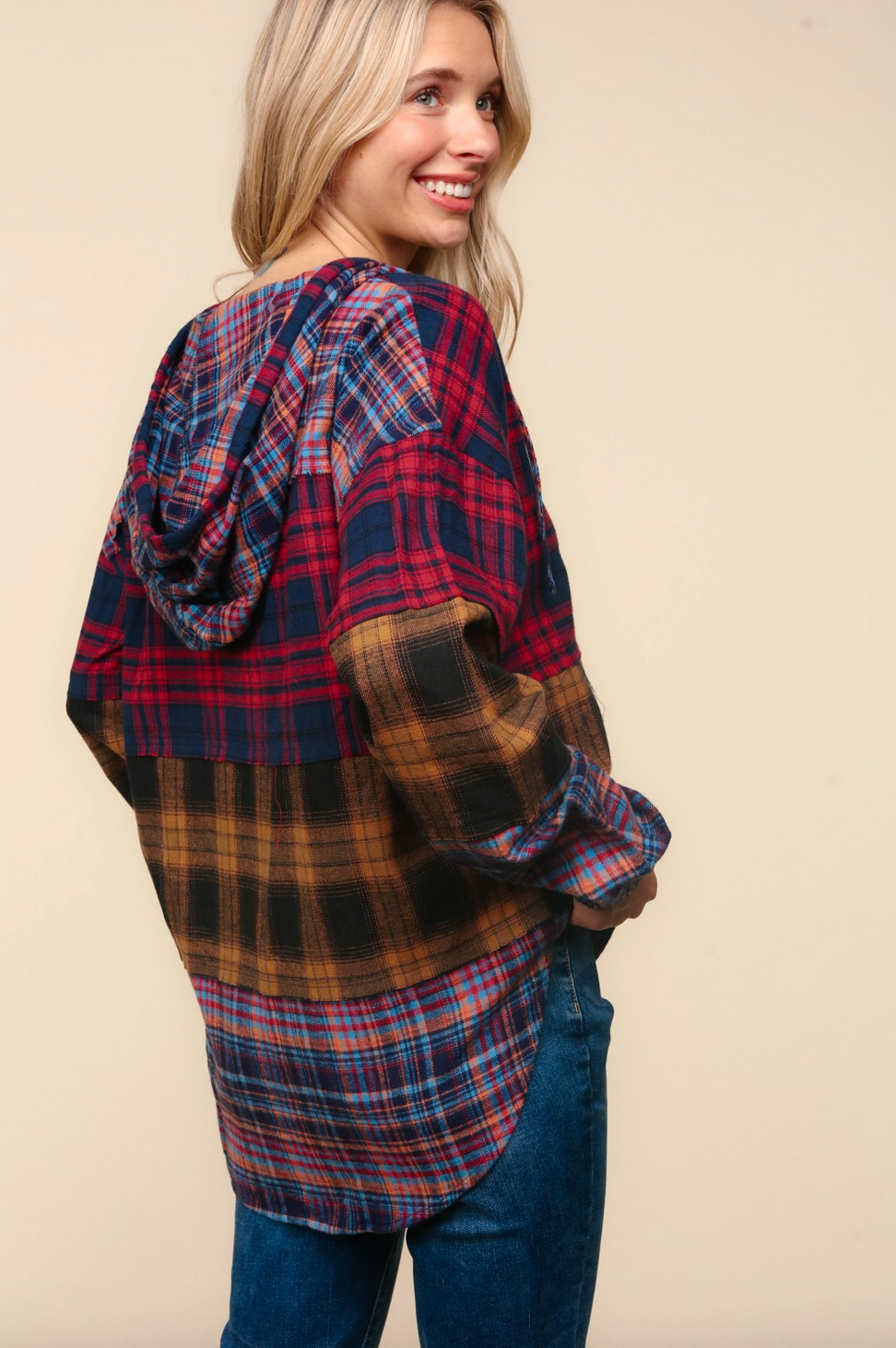 Multi Plaid Hoodie Top