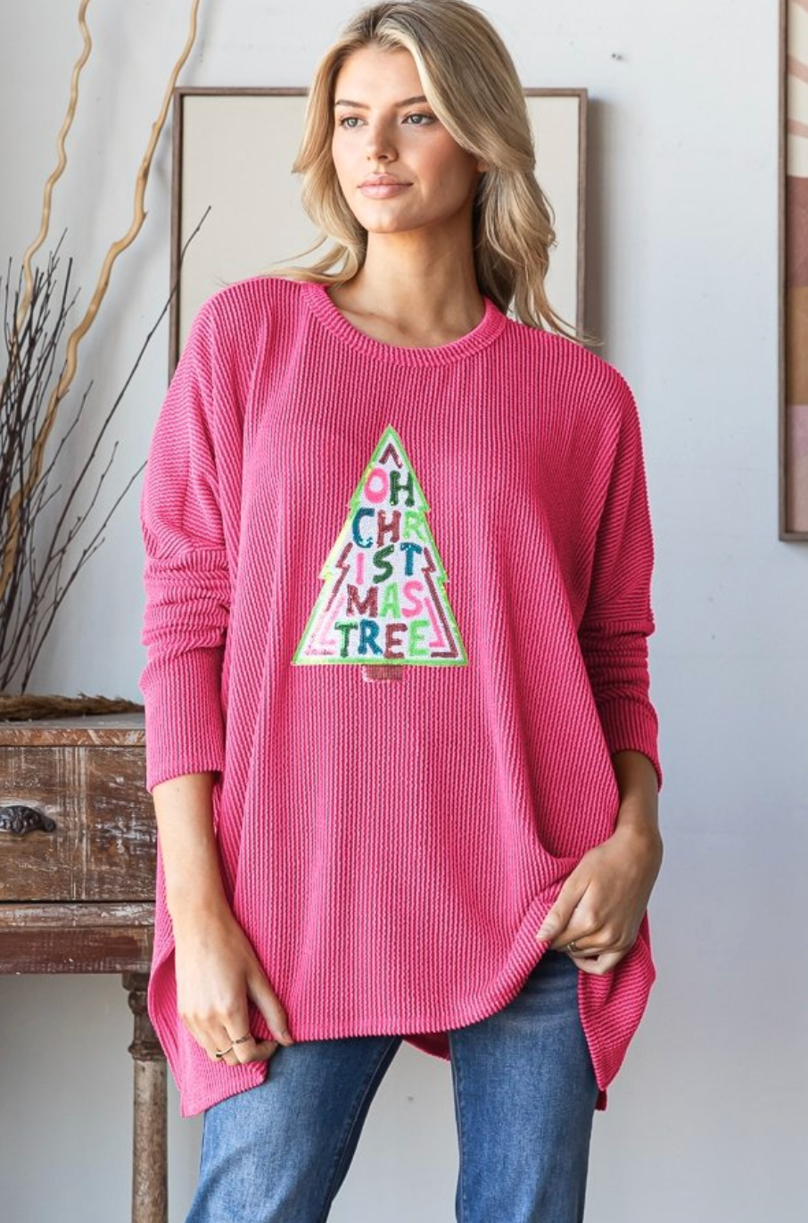 Hot Pink Oh Christmas Tree Long Sleeve Top