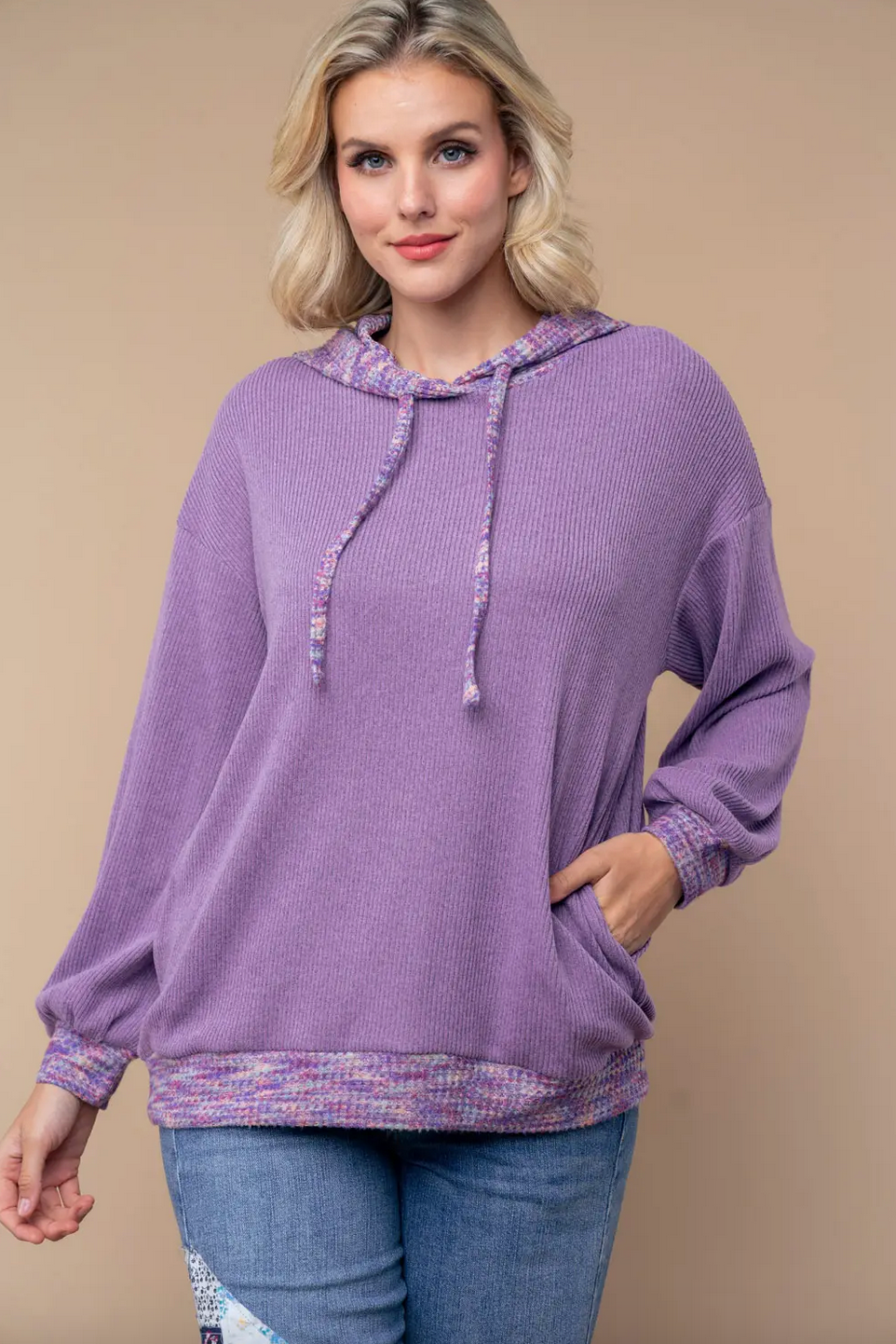 Solid Knit Top With Multicolored Hood