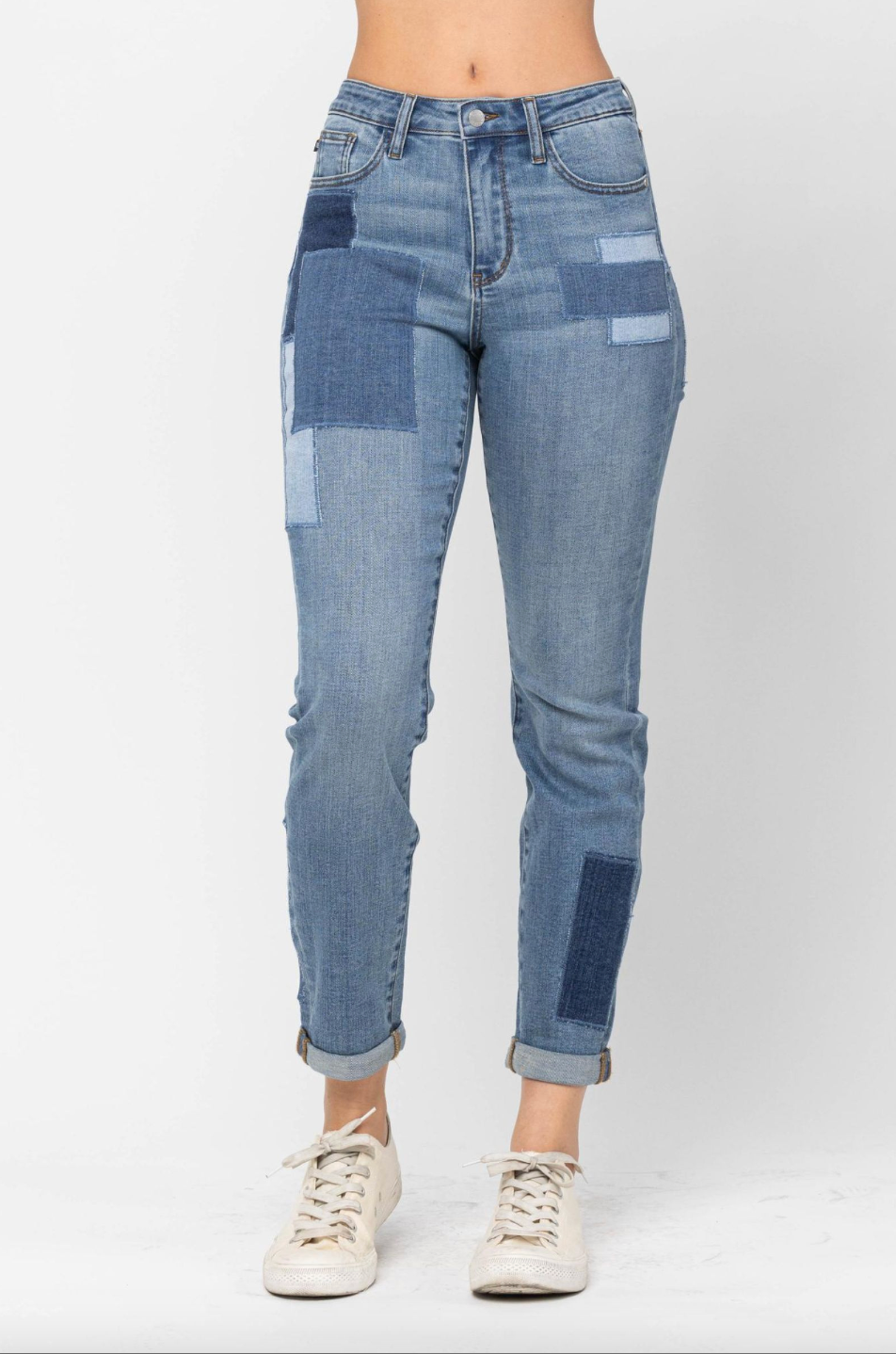 Judy Blue SALE 88499 HW Rolled Cuff Patched Boyfriend Jean