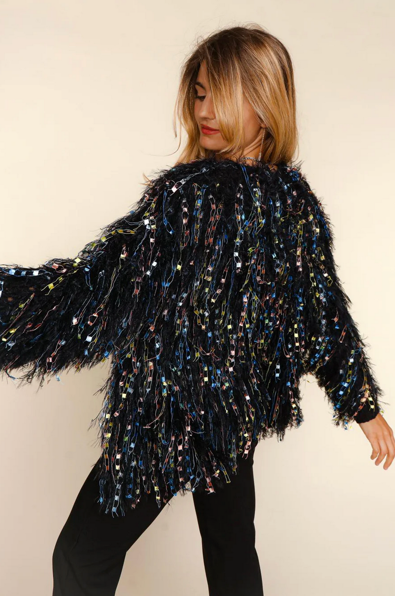 Plus Black Spangled Fringed Sweater