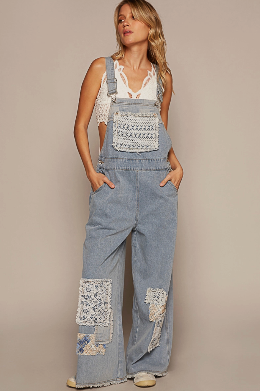 Lace Patchwork Denim Overalls