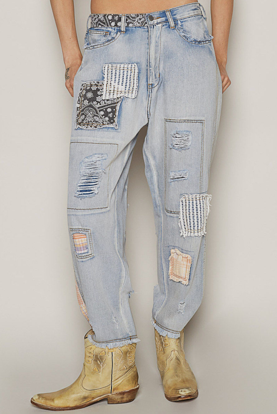 Patchwork Ankle Length Denim Pants