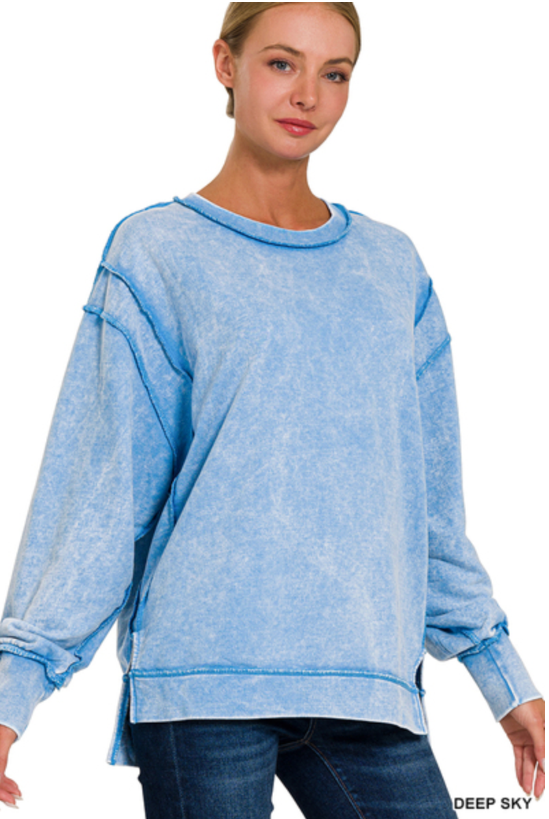 Acid Wash Exposed Seam Crew Sweatshirts