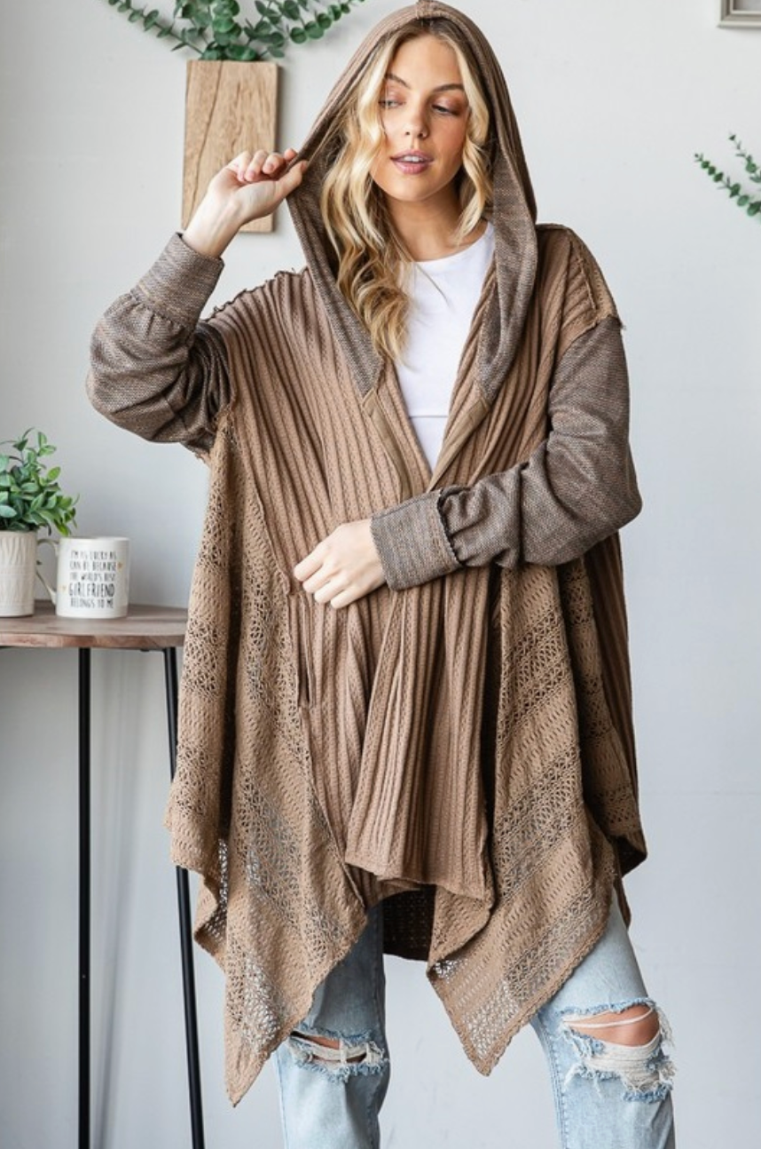 Oli & Hali Coffee Lace Detailed Hooded Cardigan