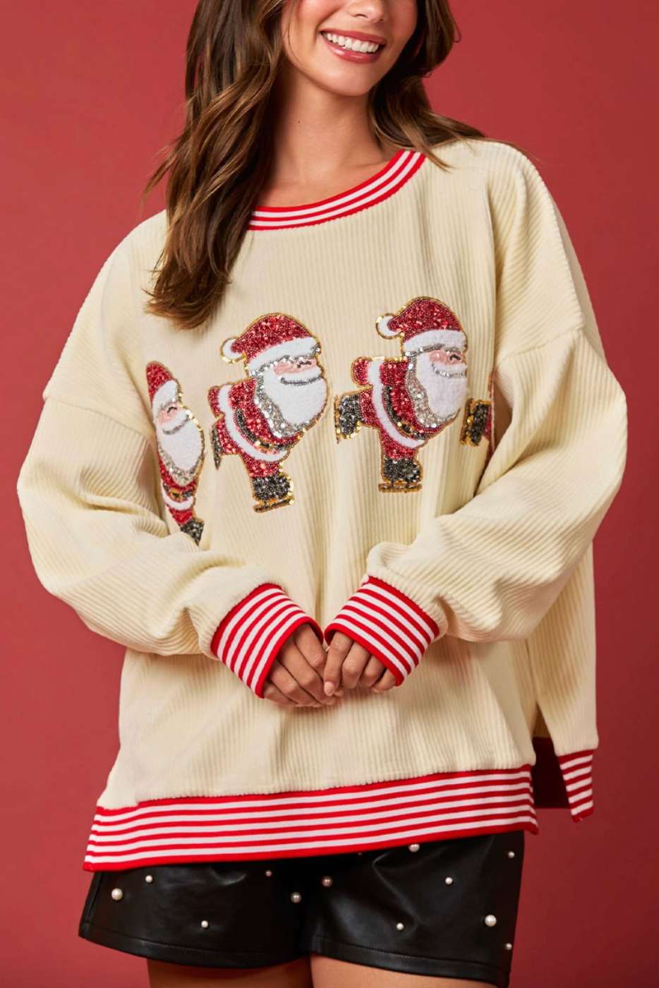 Skating Santa Sequined Ribbed Long Sleeve Top