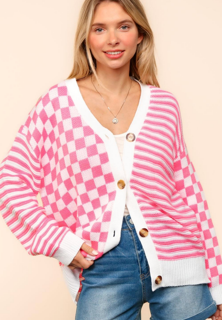 Check/Stripe Button Front Pink/White Cardigan