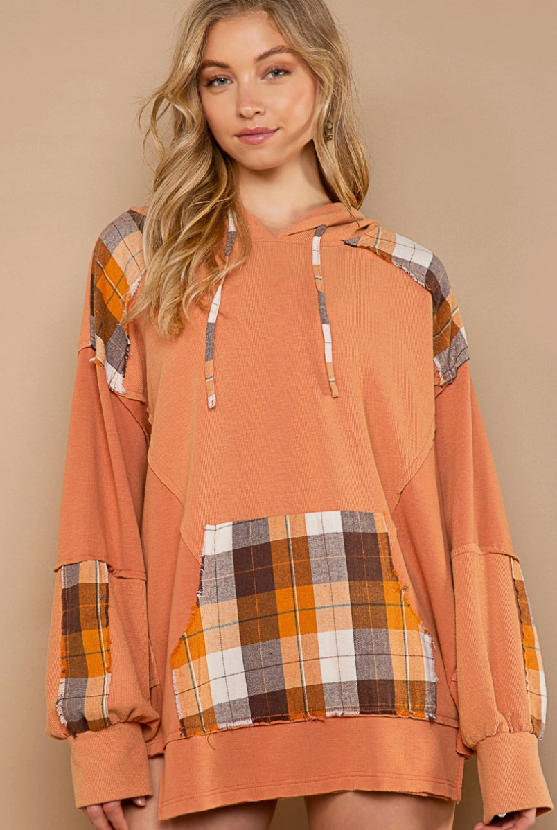 Apricot and Plaid Balloon Sleeve Hoodie