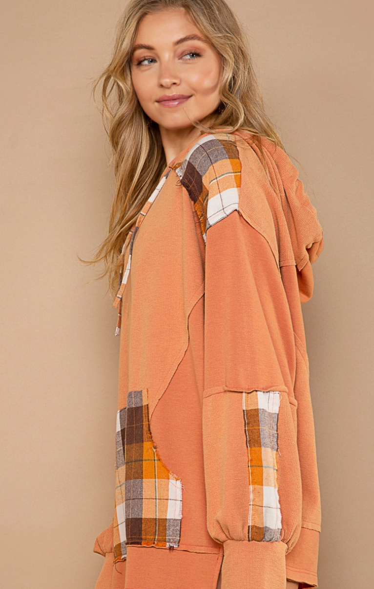 Apricot and Plaid Balloon Sleeve Hoodie