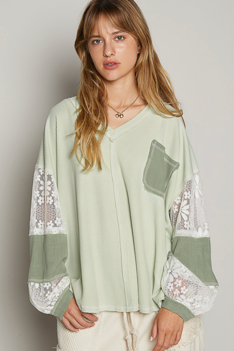 Sage Crochet Lace Thermal Top