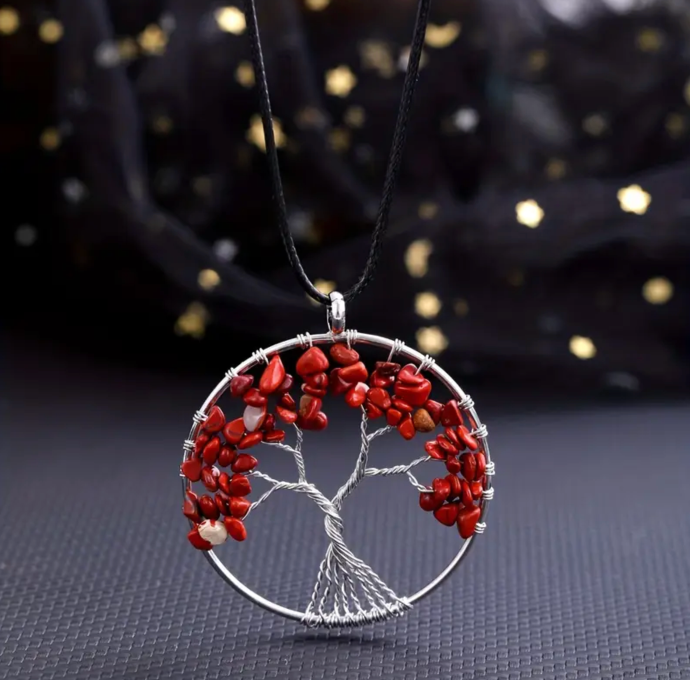 Red Stone Tree of Life 2" Round Pendant Necklace