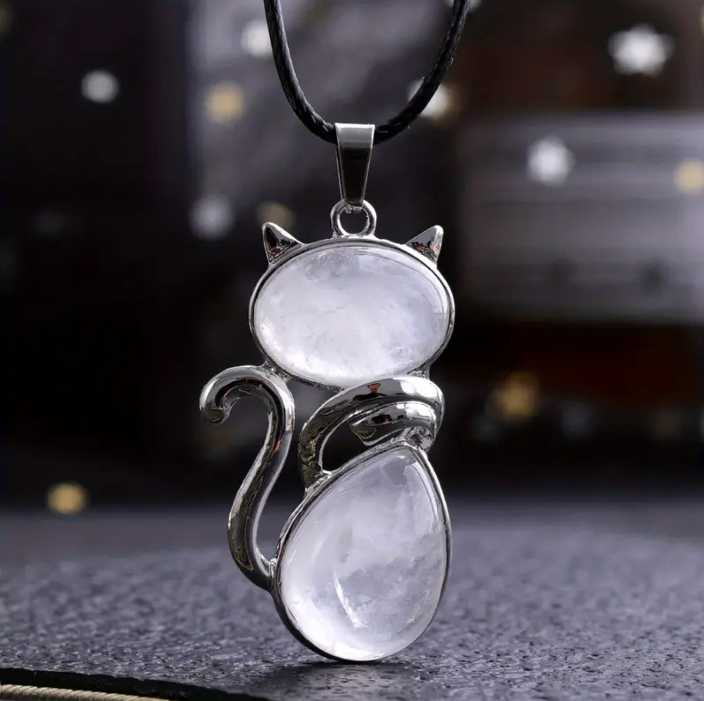 White Stone Cat Pendant Necklace