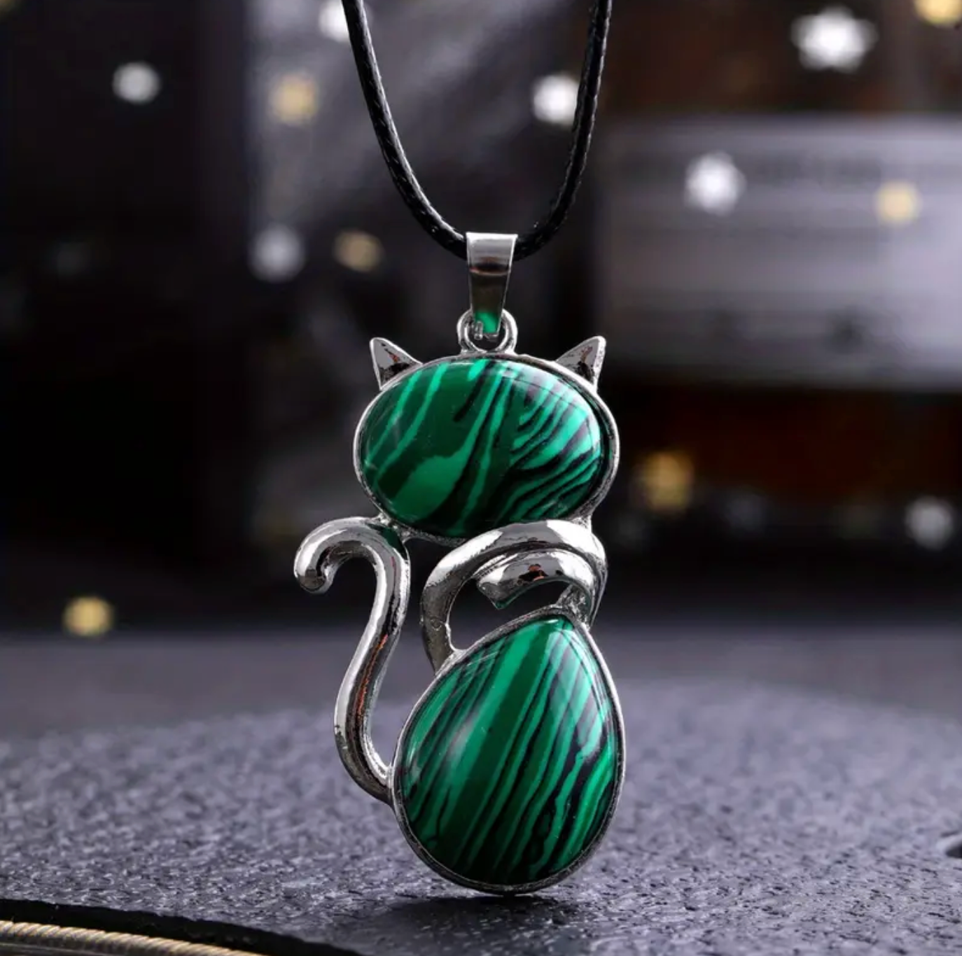 Malachite Cat Pendant Necklace