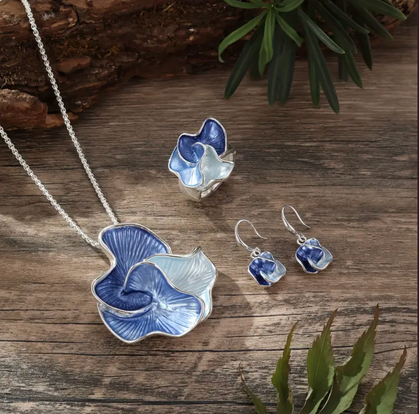 Blue Abstract Flower Necklace/Ring/Earring Set