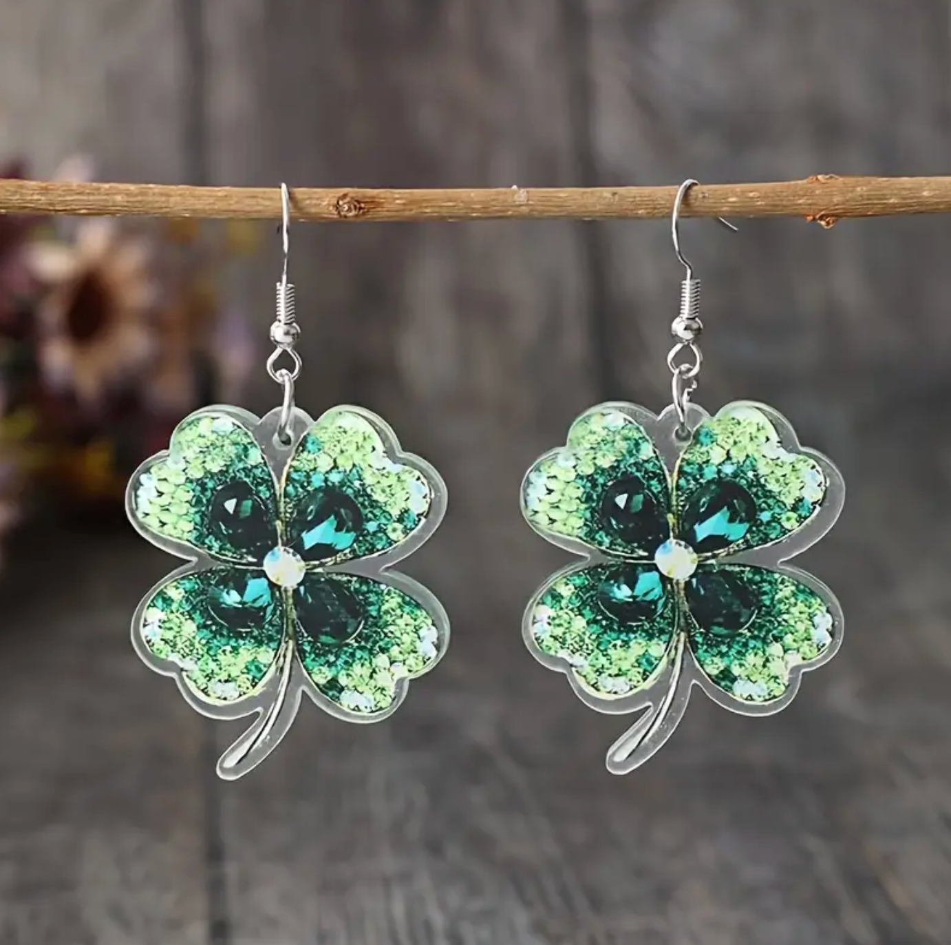 Gittery Green Clover Earrings