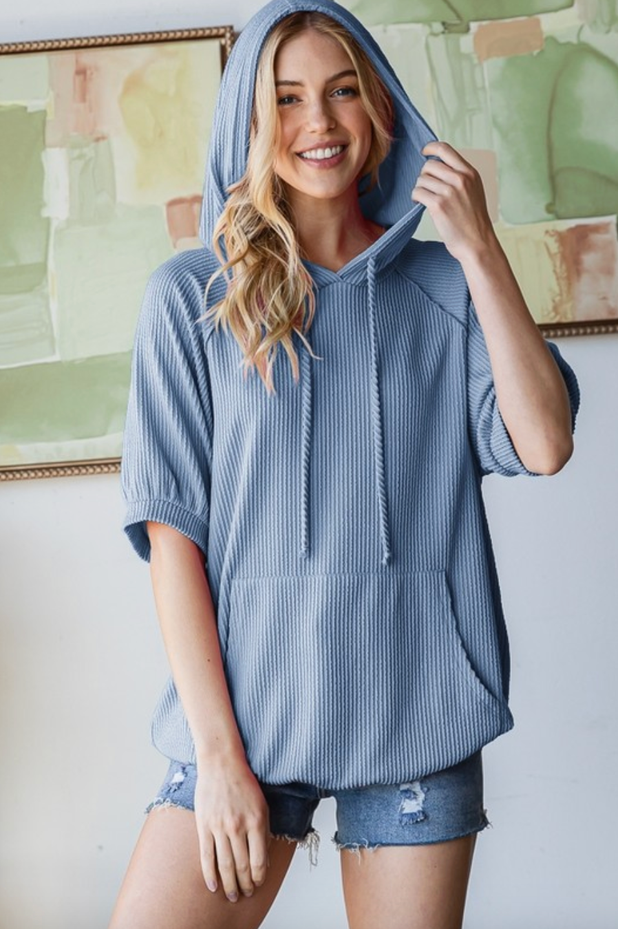 Short Sleeve Ribbed Hoodie Top