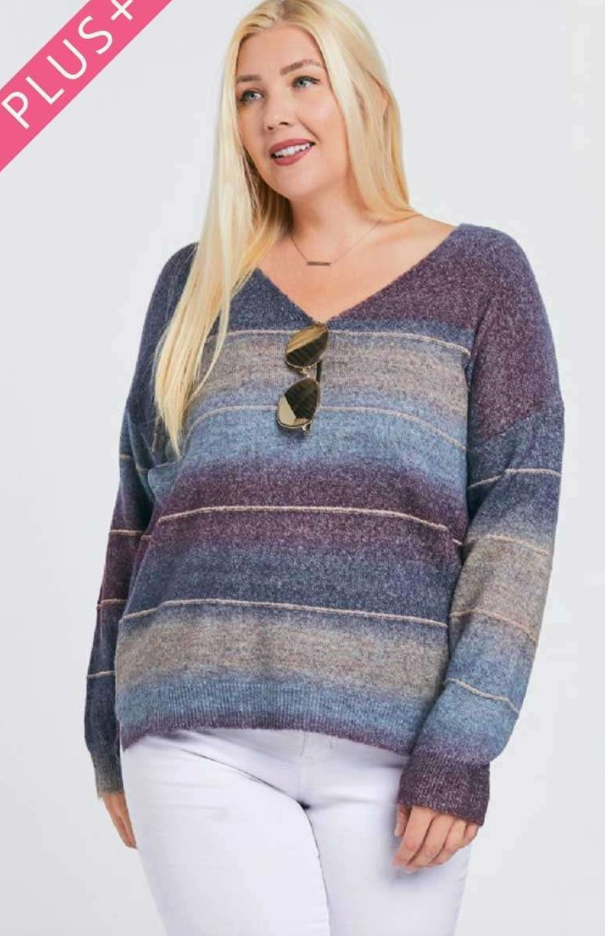 Plus V Neck Striped Sweater Top