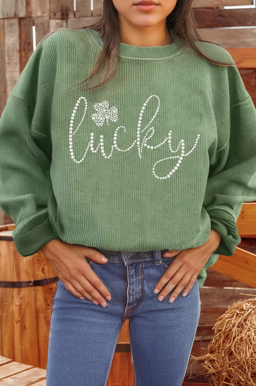 Pearl Studded "Lucky" Ribbed Sweatshirt