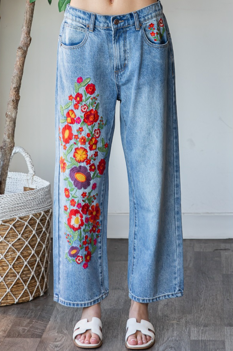 Oli & Hali Red Flower Embroidered Jeans