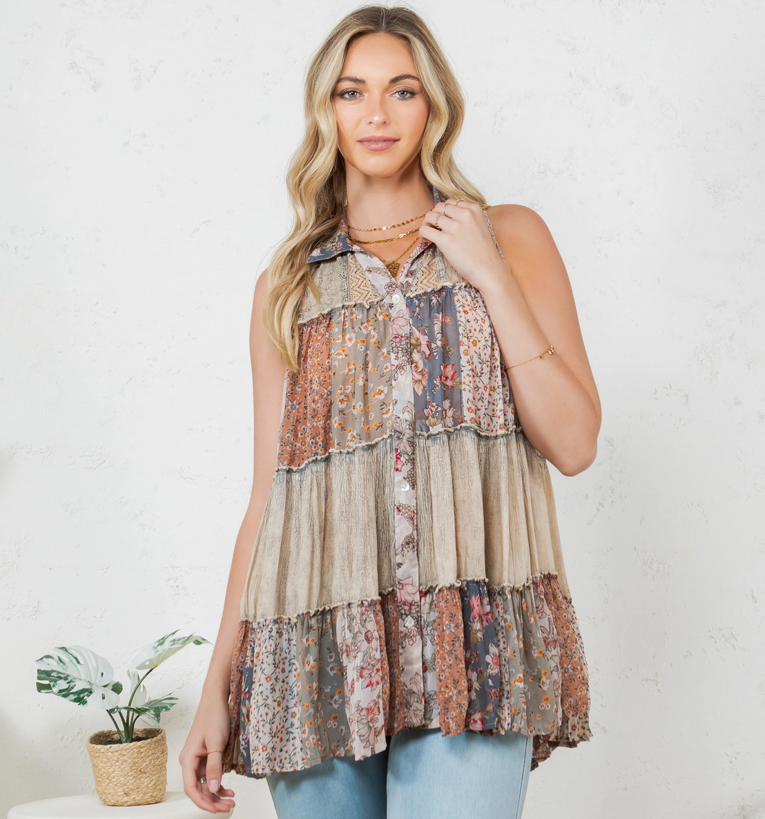 Boho Patchwork Button Front Sleeveless Top