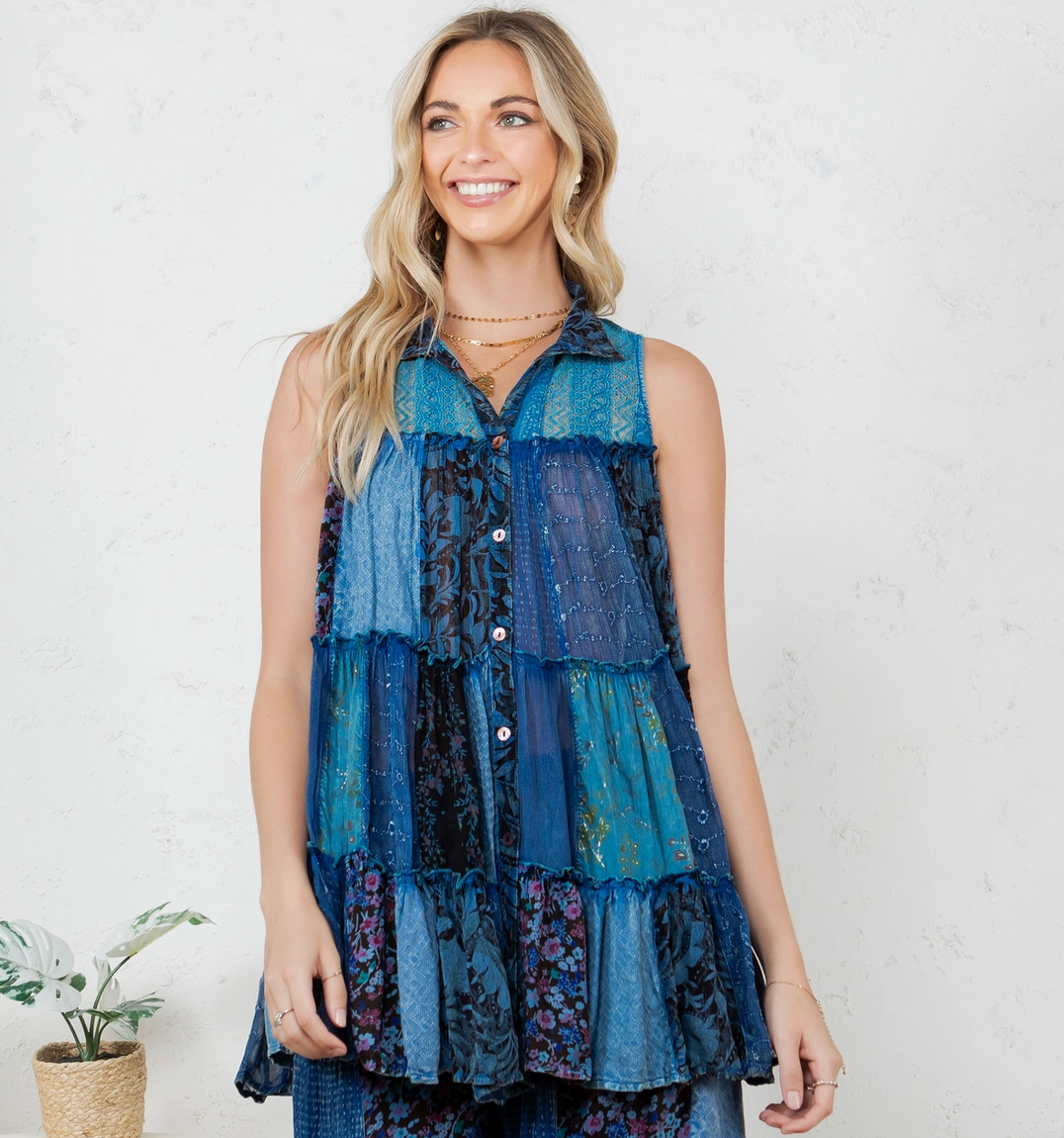 Boho Patchwork Button Front Sleeveless Top