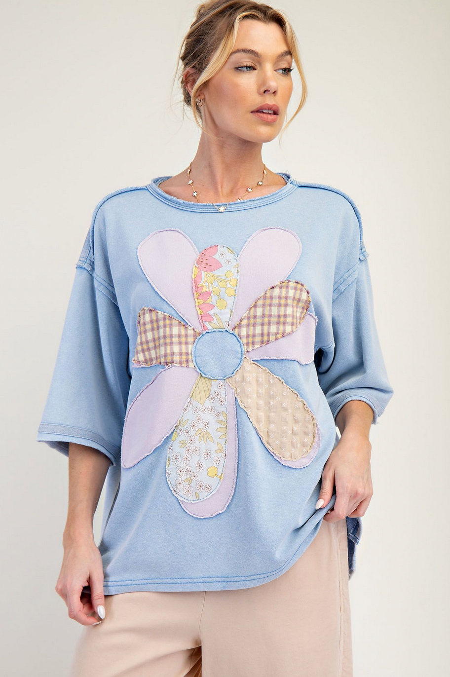 Periwinkle Blue Big Happy Flower 3/4 Sleeve Top
