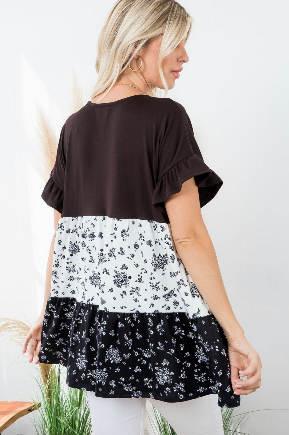 Black and Floral Babydoll Short Sleeve Top