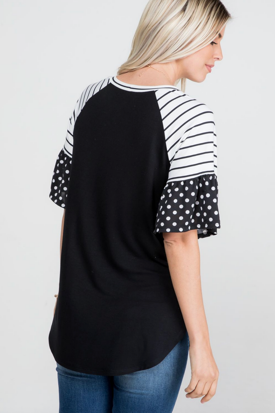 Black Stripe and Dot Bell Sleeve Short Sleeve Top