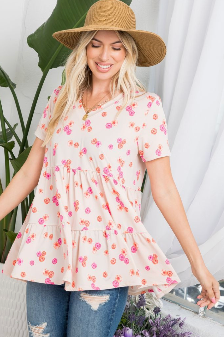 Taupe Floral Print Baby Doll Short Sleeve Top