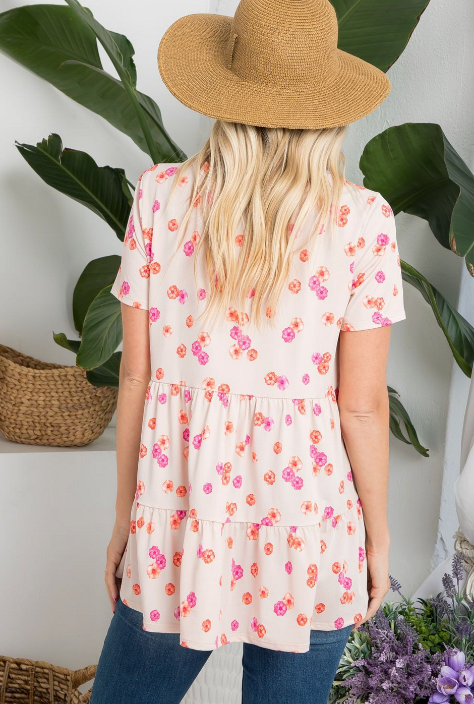 Taupe Floral Print Baby Doll Short Sleeve Top