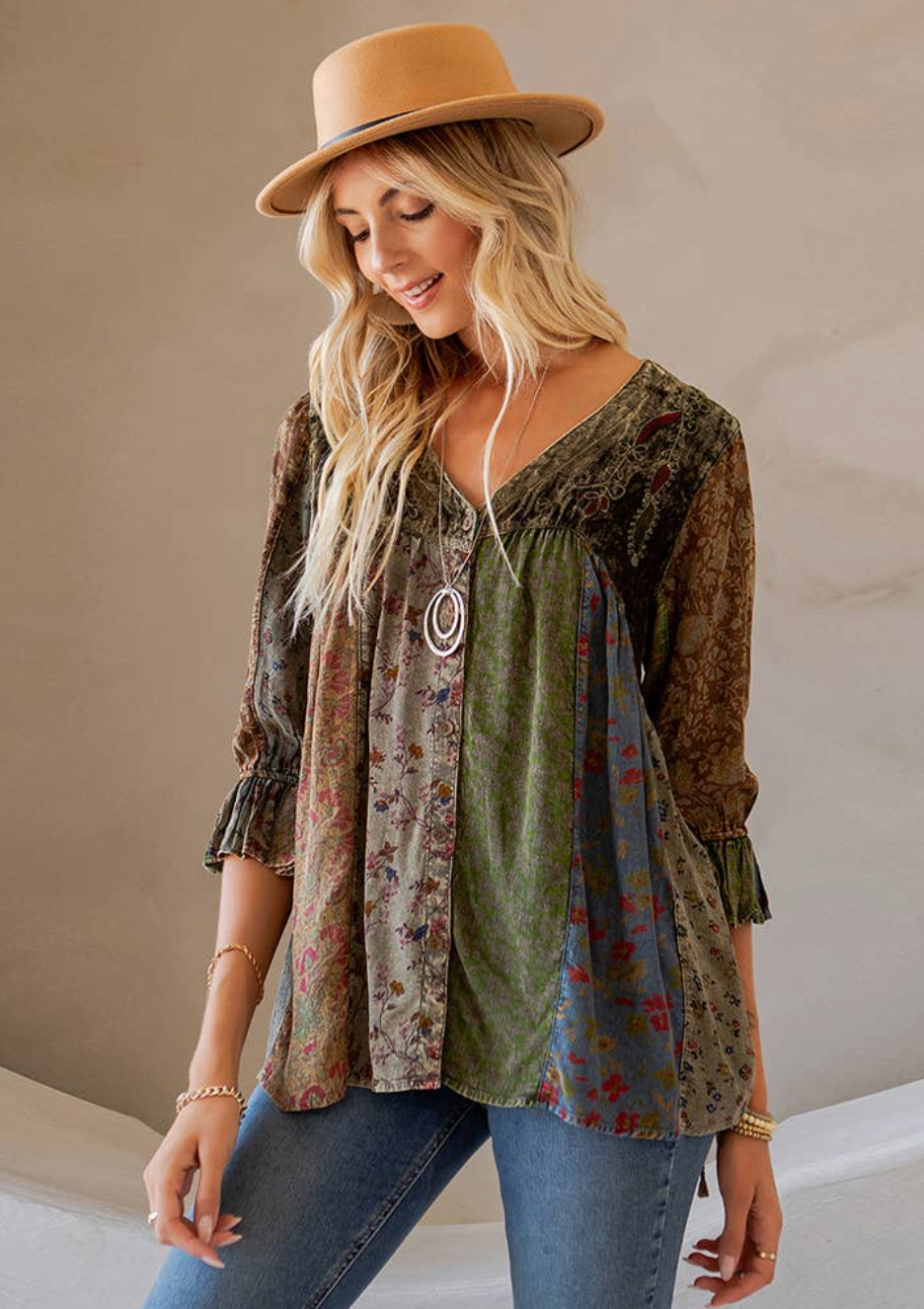 Vintage Patchwork Velvet Accent Top