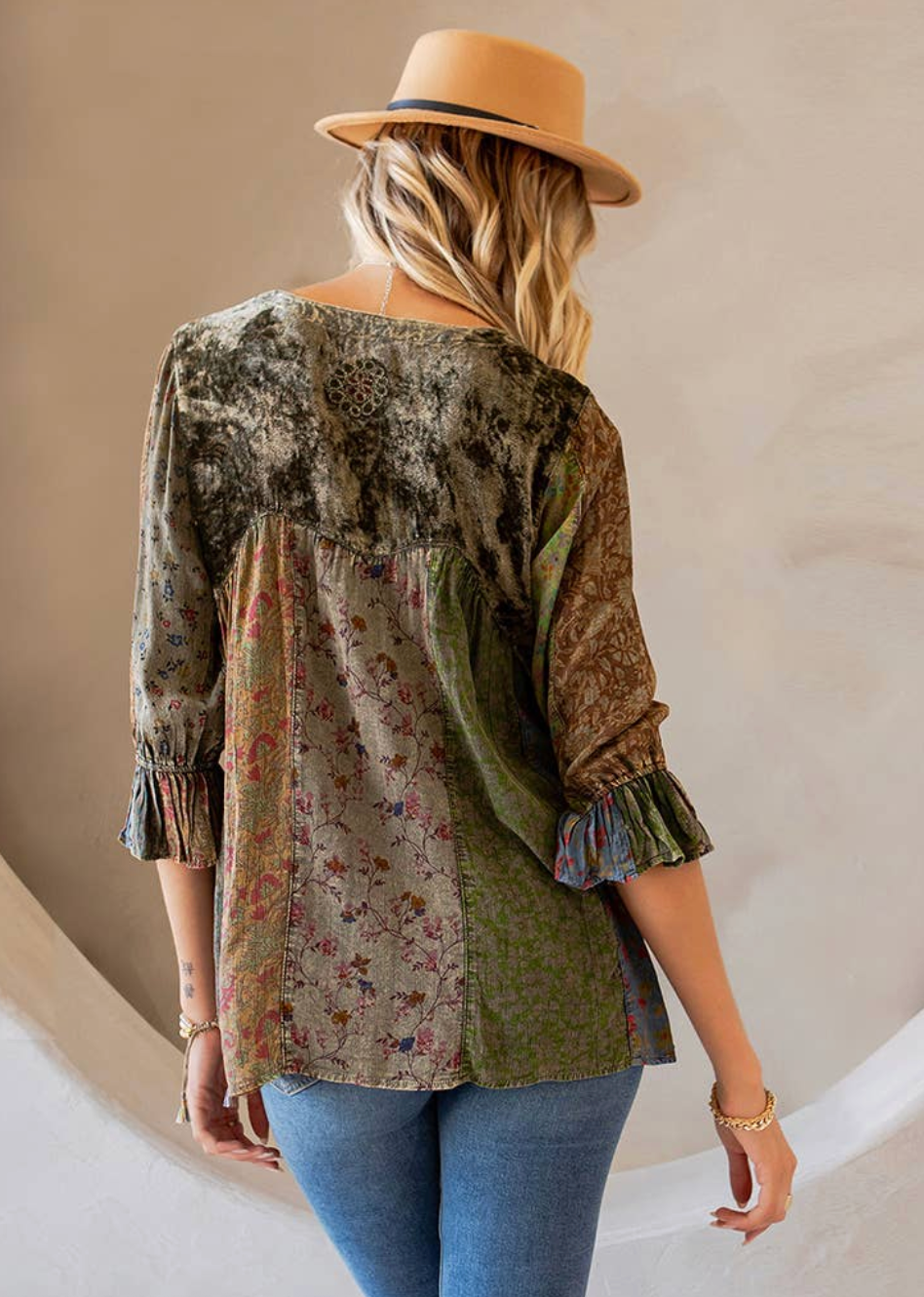 Vintage Patchwork Velvet Accent Top