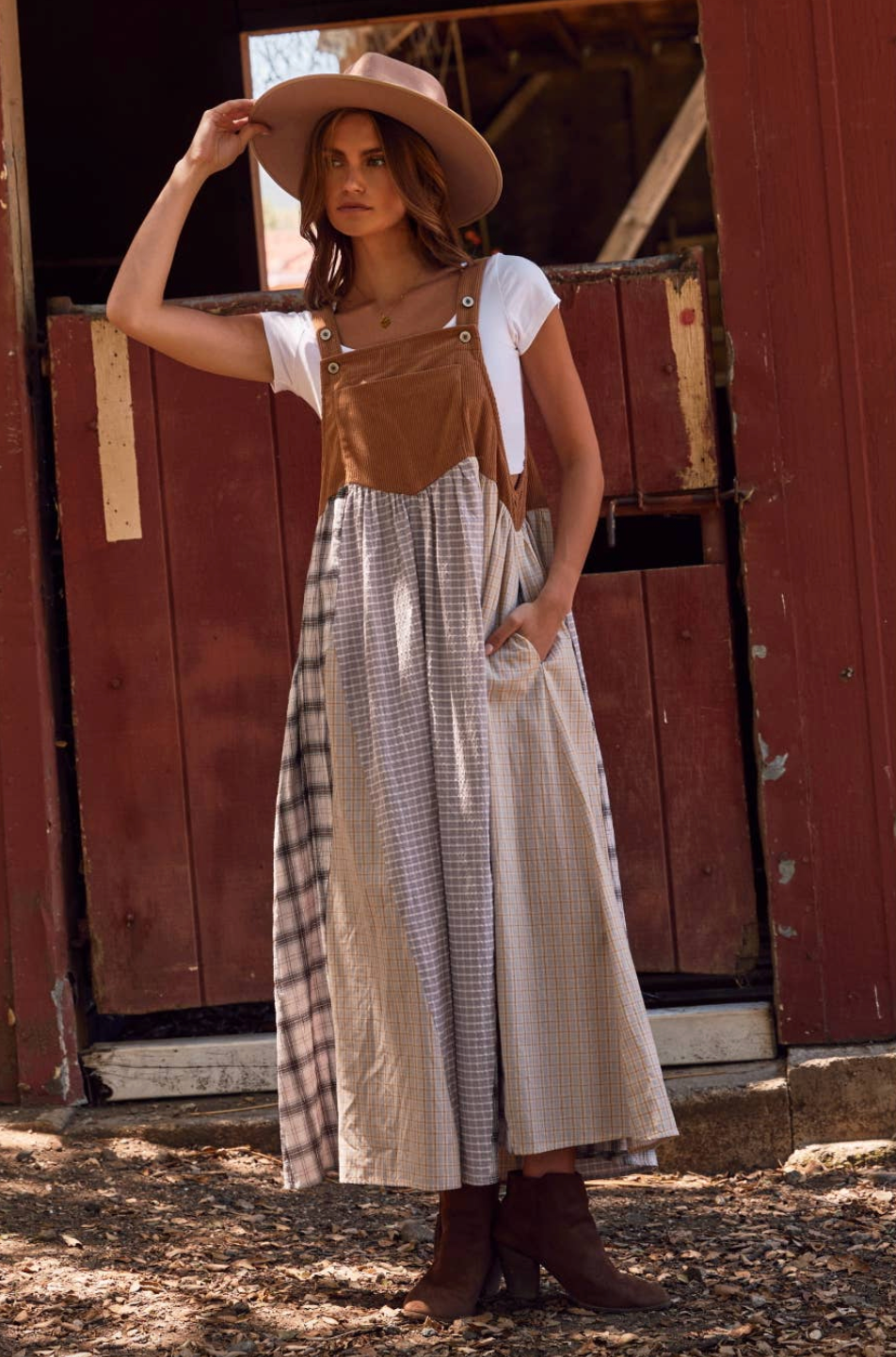 Taupe Patchwork Overall Dress