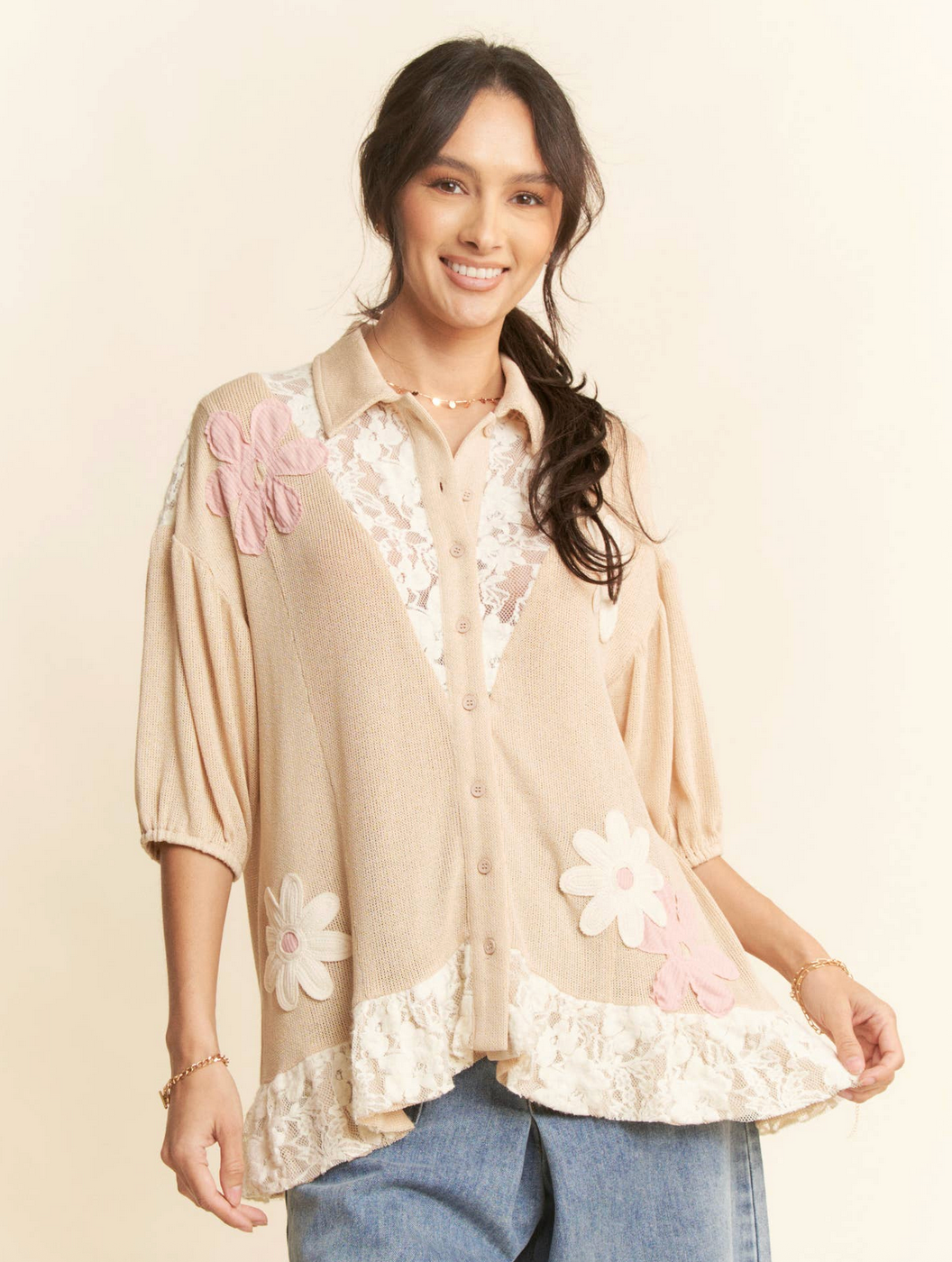 Flowers and Lace Button Up Top