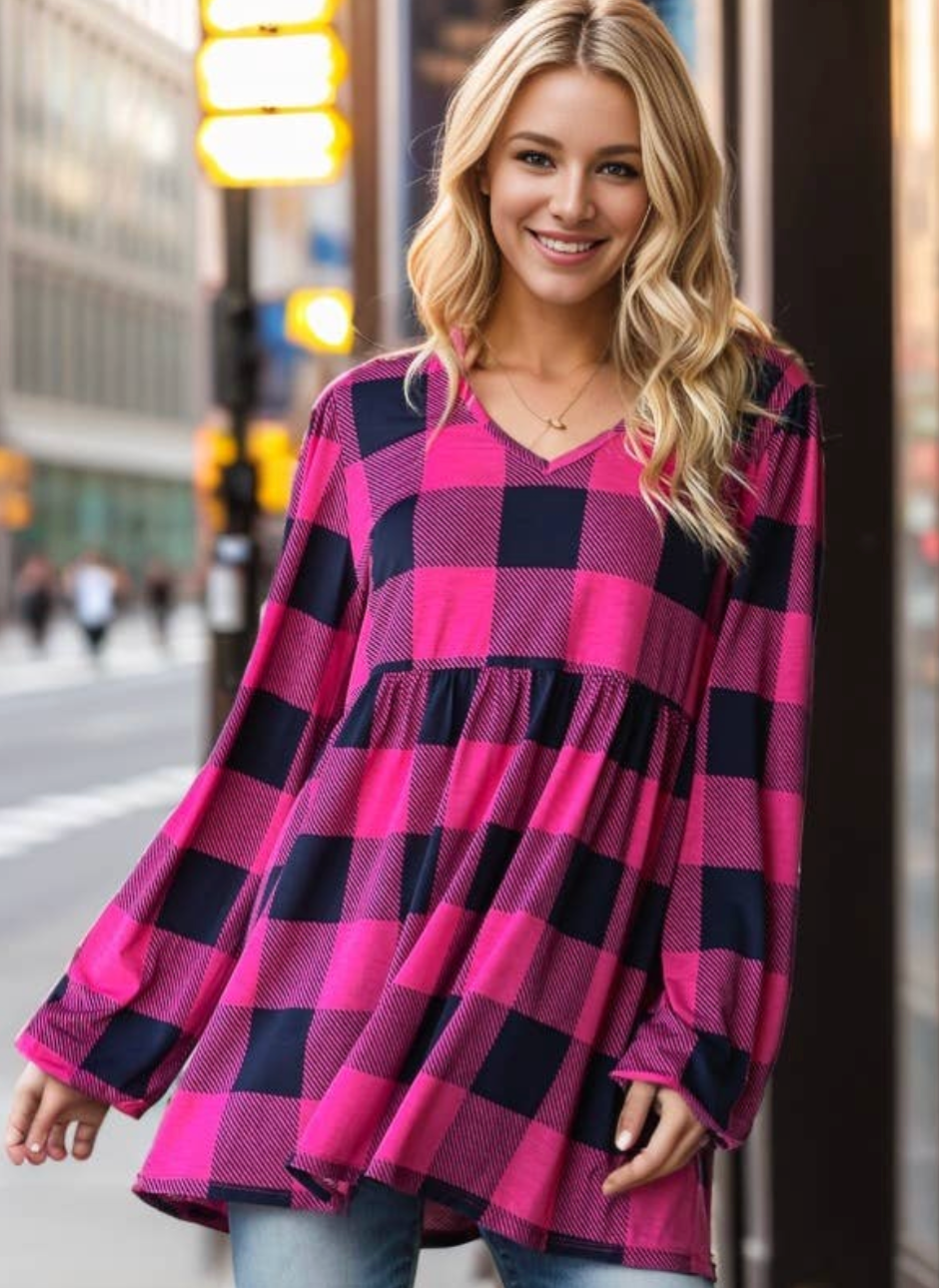 Pink/Navy Plaid Babydoll Long Sleeve Top