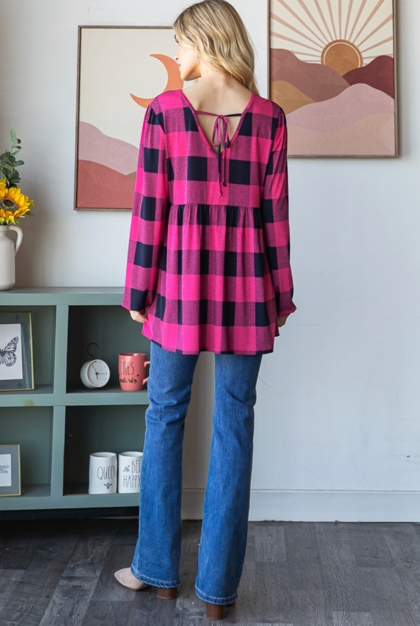Pink/Navy Plaid Babydoll Long Sleeve Top