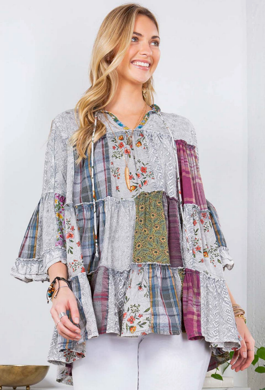 Overdyed Jhabla Patchwork 3/4 Sleeve Top