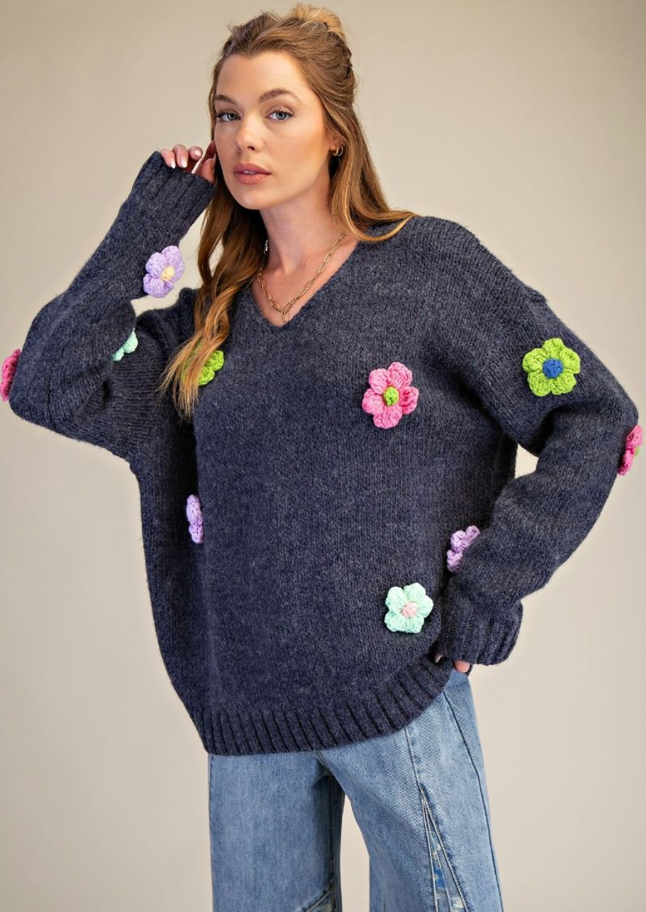 Dusty Navy Sweater with Crochet Flowers