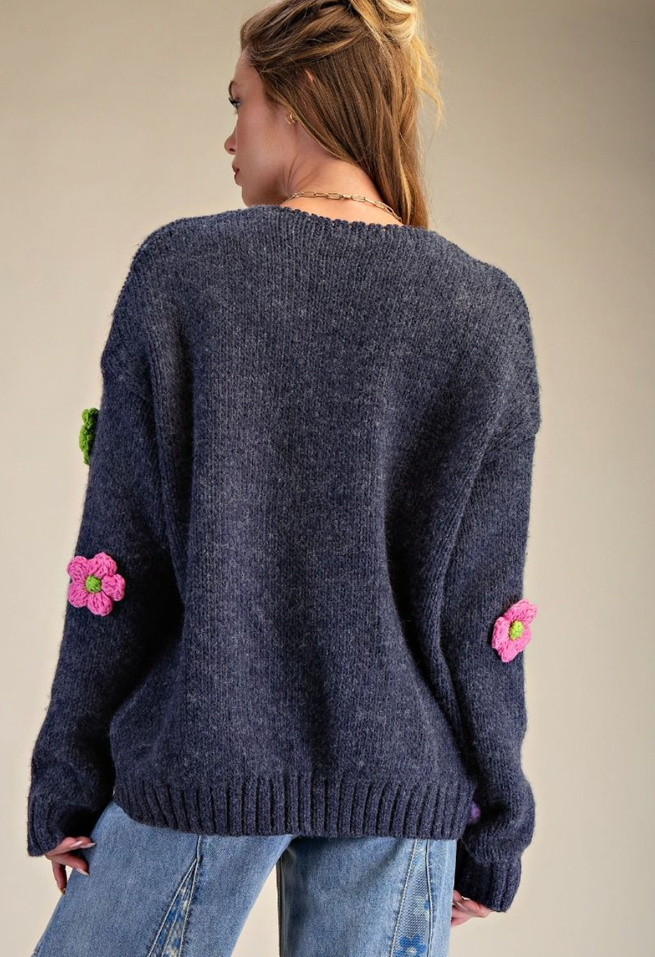 Dusty Navy Sweater with Crochet Flowers