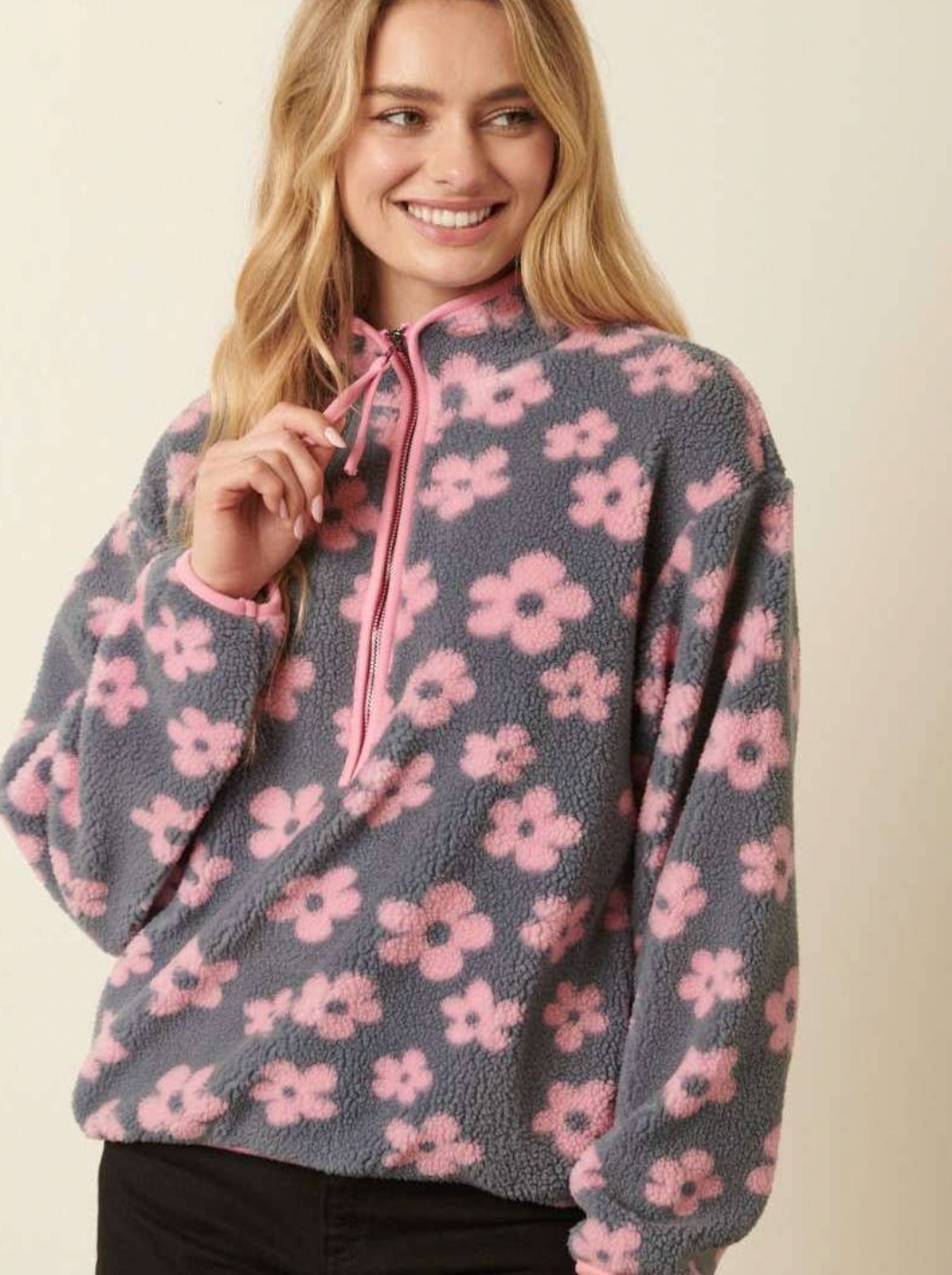Pink Flower Zip Front Pullover