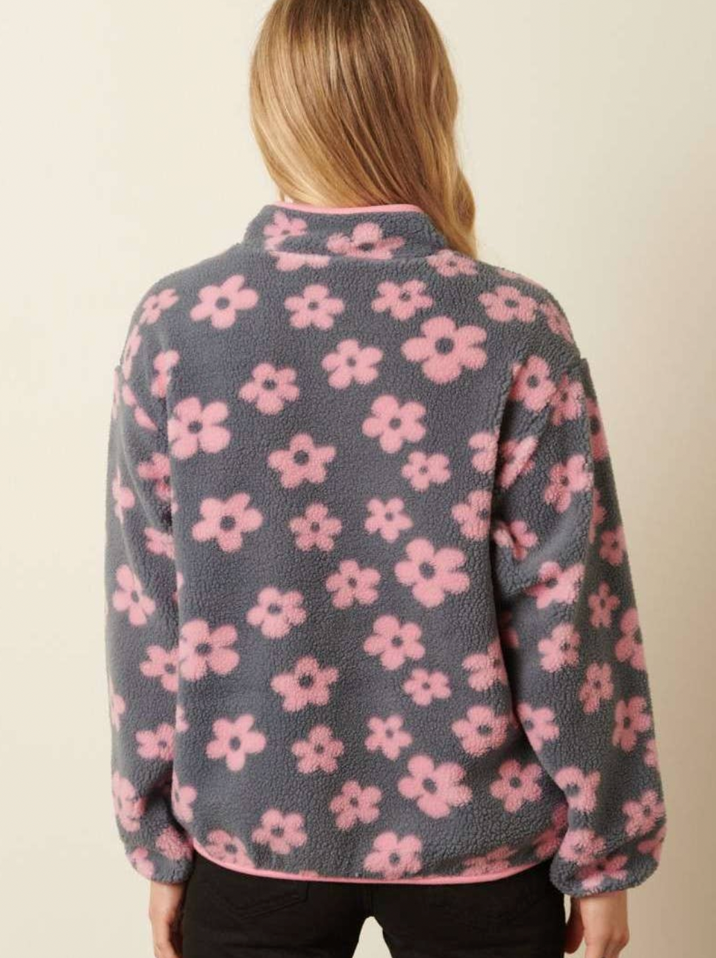 Pink Flower Zip Front Pullover