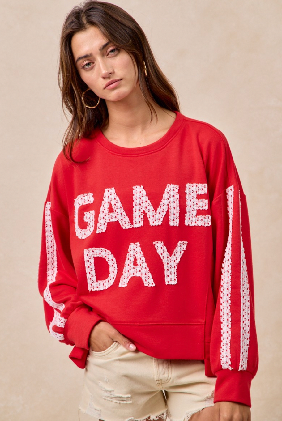 Red Game Day Lace Letter Top