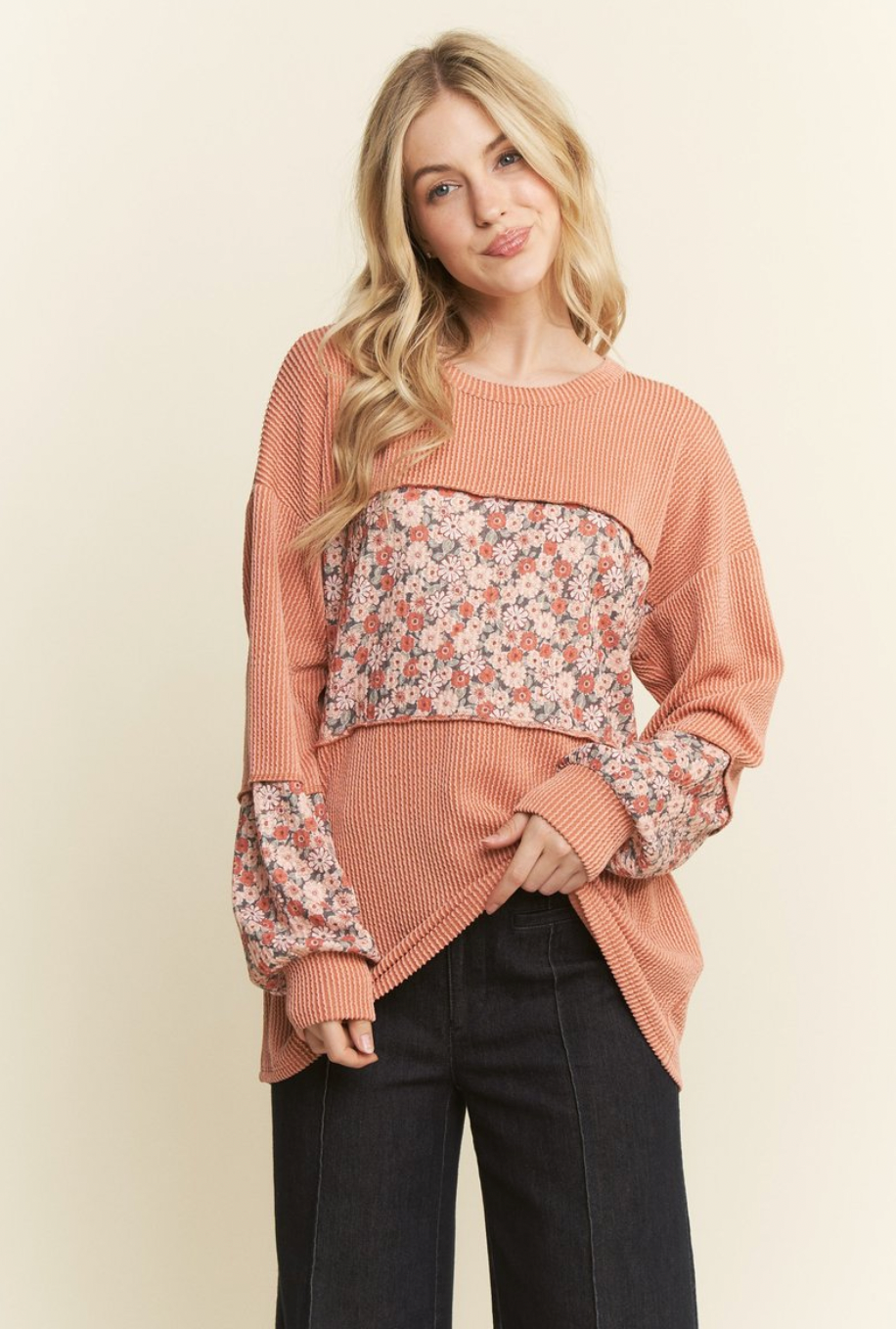 Ribbed Floral Contrast Long Sleeve Top