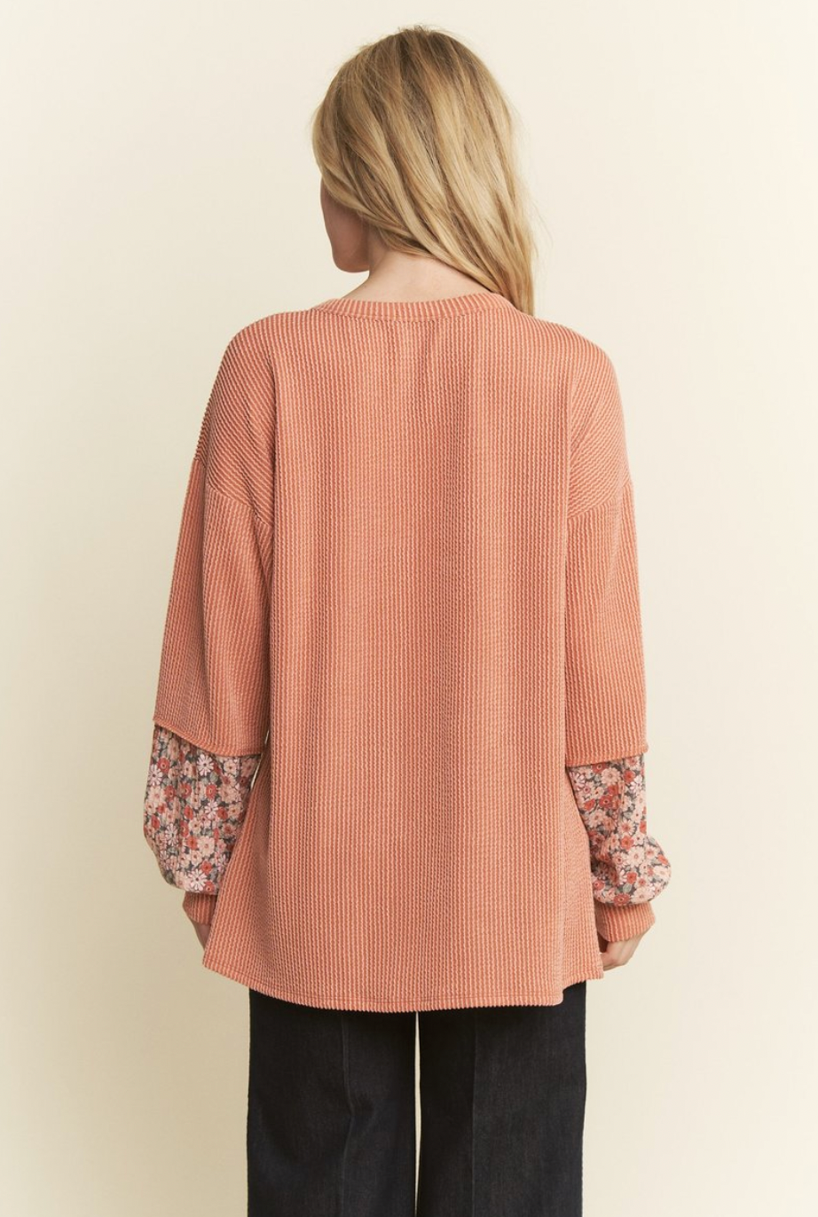 Ribbed Floral Contrast Long Sleeve Top