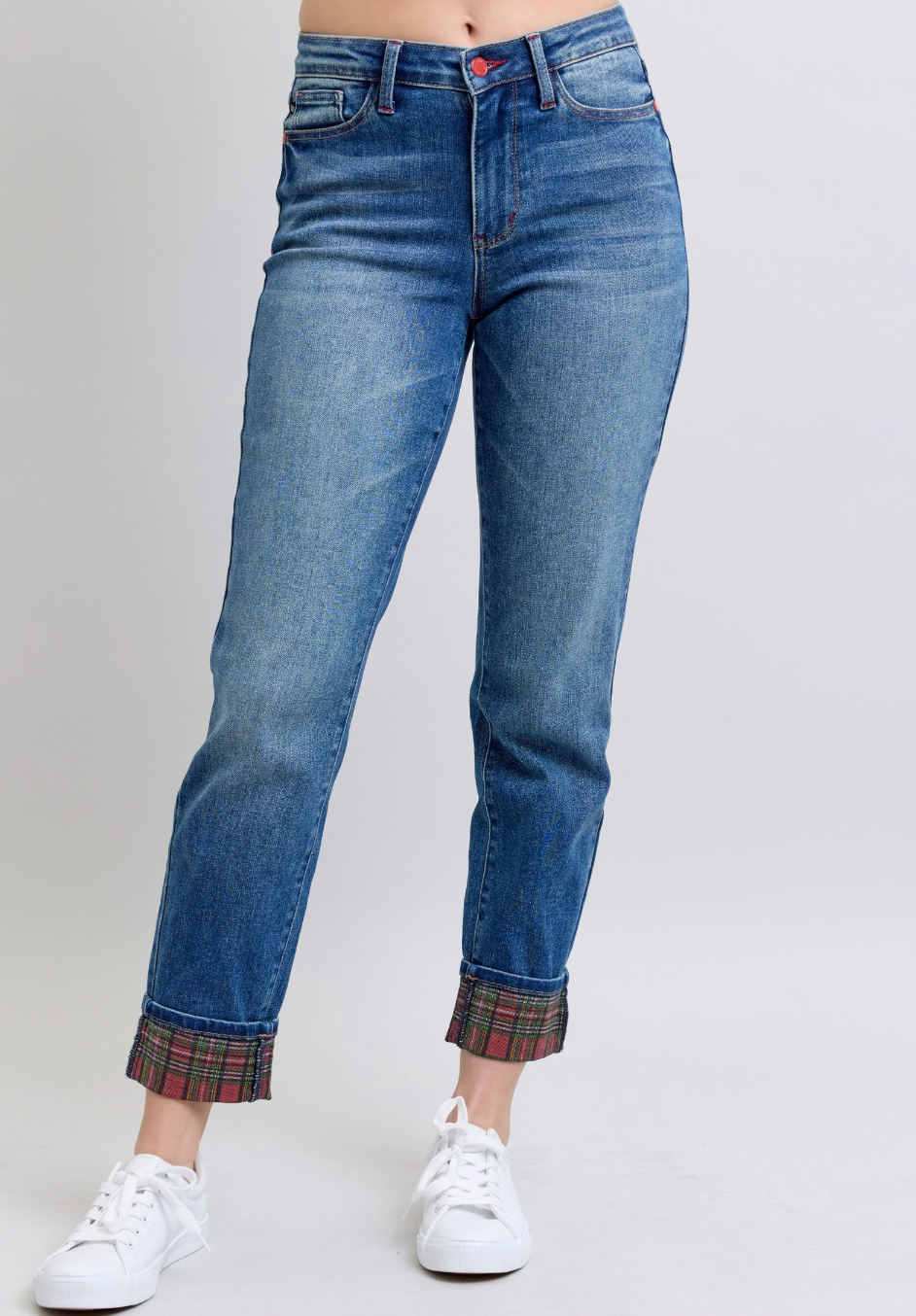 Judy Blue 88877 Medium Rise Plaid Cuff Boyfriend Jean