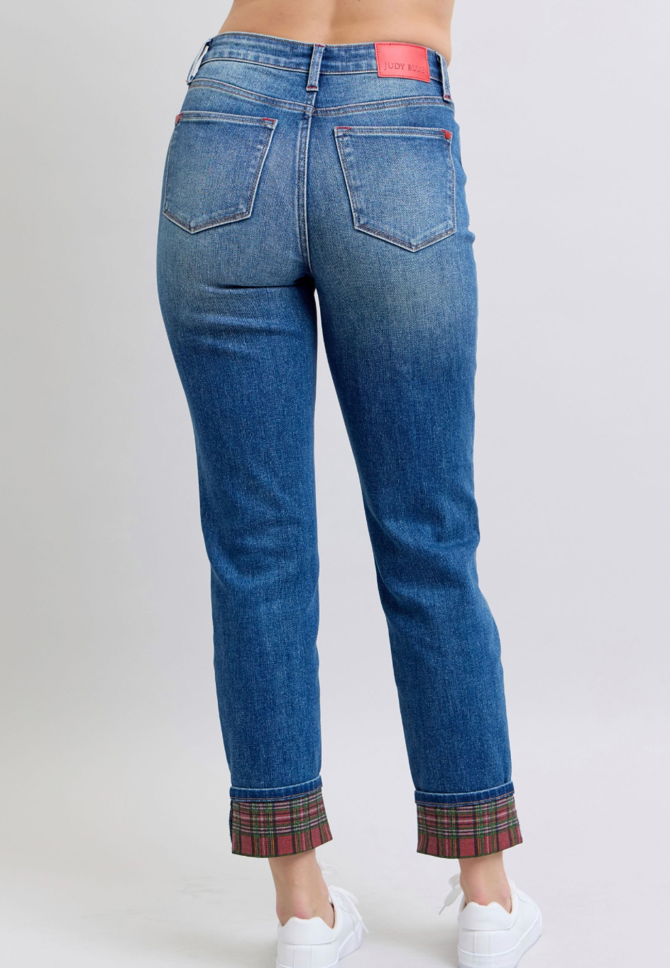 Judy Blue 88877 Medium Rise Plaid Cuff Boyfriend Jean