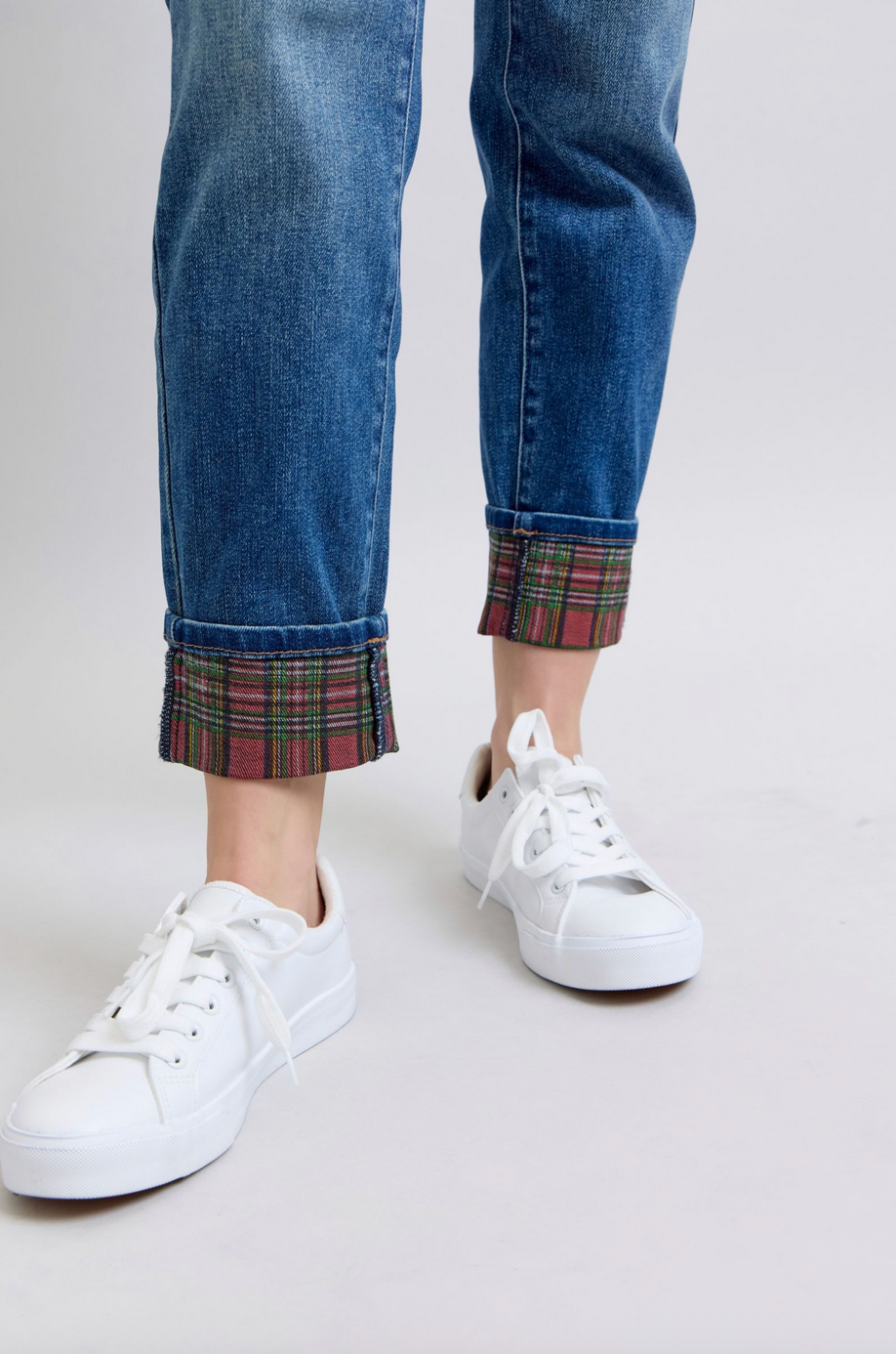 Judy Blue 88877 Medium Rise Plaid Cuff Boyfriend Jean